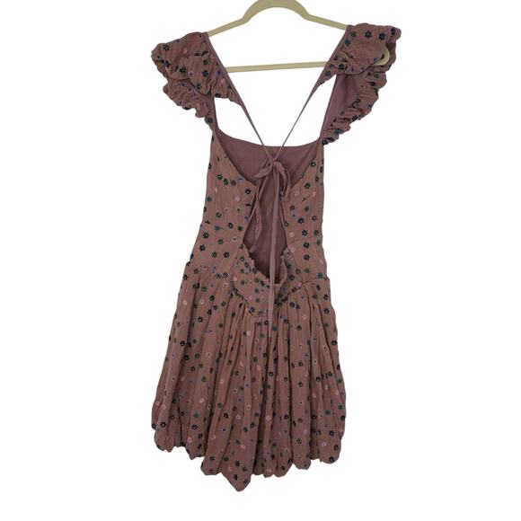 Free People Mini Dress Women S Mauve Pink Bubble Hem Floral Embroidered Cottage - Picture 4 of 11